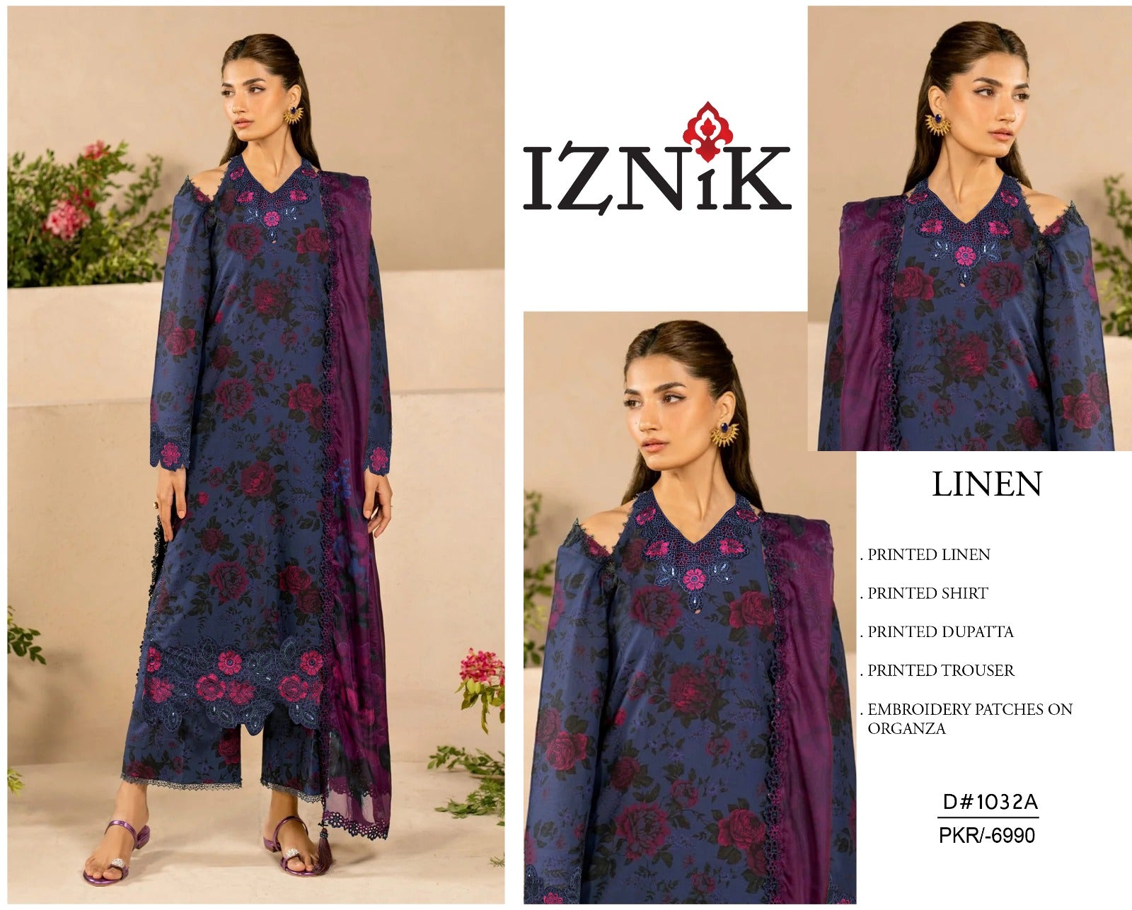 Iznik Luxury Linen Embroidered 3 piece Unstitched