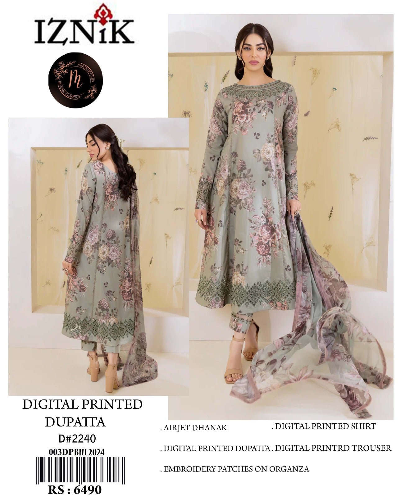 Iznik Green Luxury Dhanak Embroidered 3 piece Unstitched