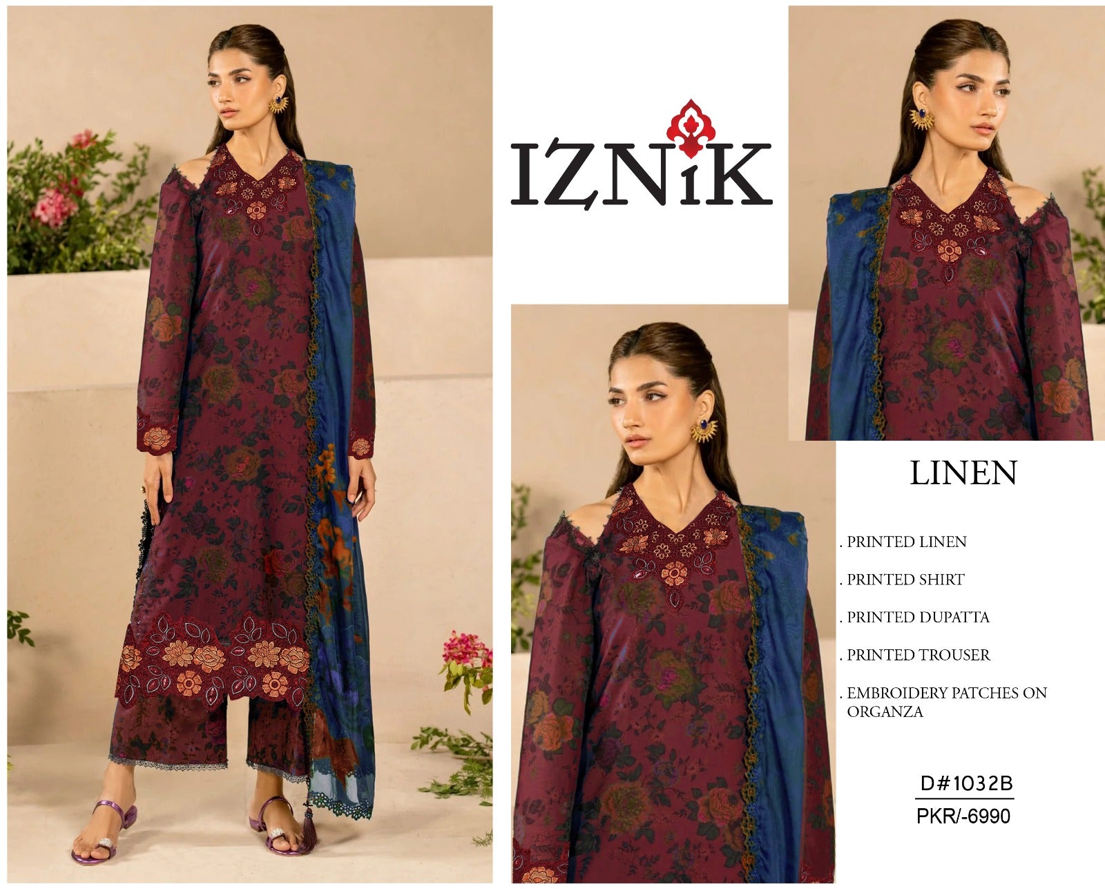 Iznik Luxury Linen Embroidered 3 piece Unstitched