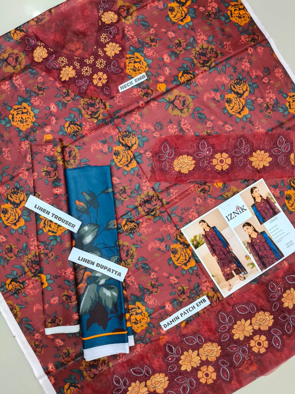 Iznik Luxury Linen Embroidered 3 piece Unstitched