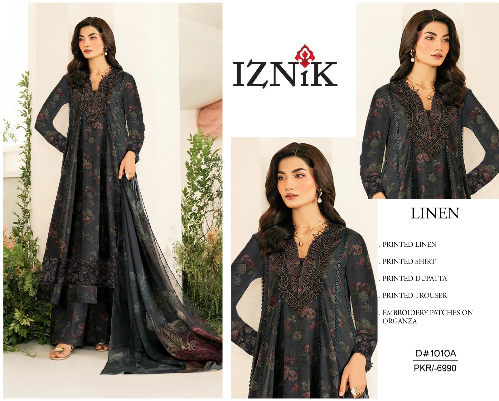 Iznik Luxury Linen Embroidered 3 piece Unstitched